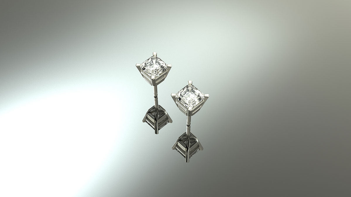 High quality image of Asscher cut diamond studs, 0.5 carats each, on a reflective surface.